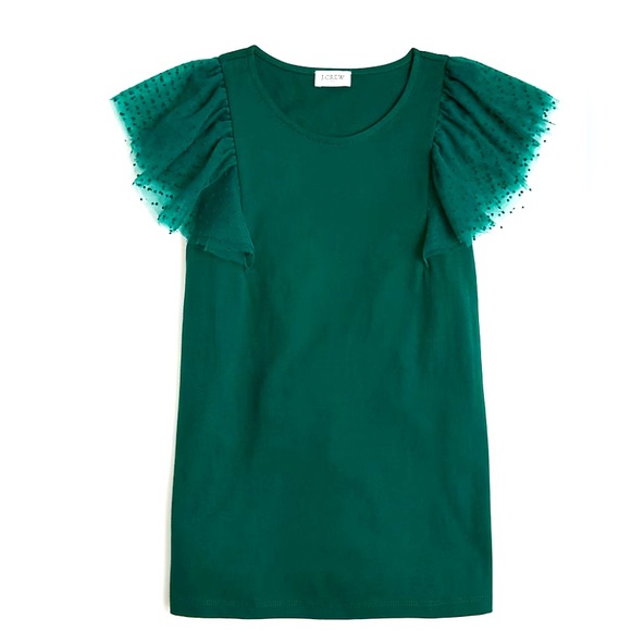 J. Crew Tops - NEW J-Crew polka dot ruffle shoulder green tank top size M NWT